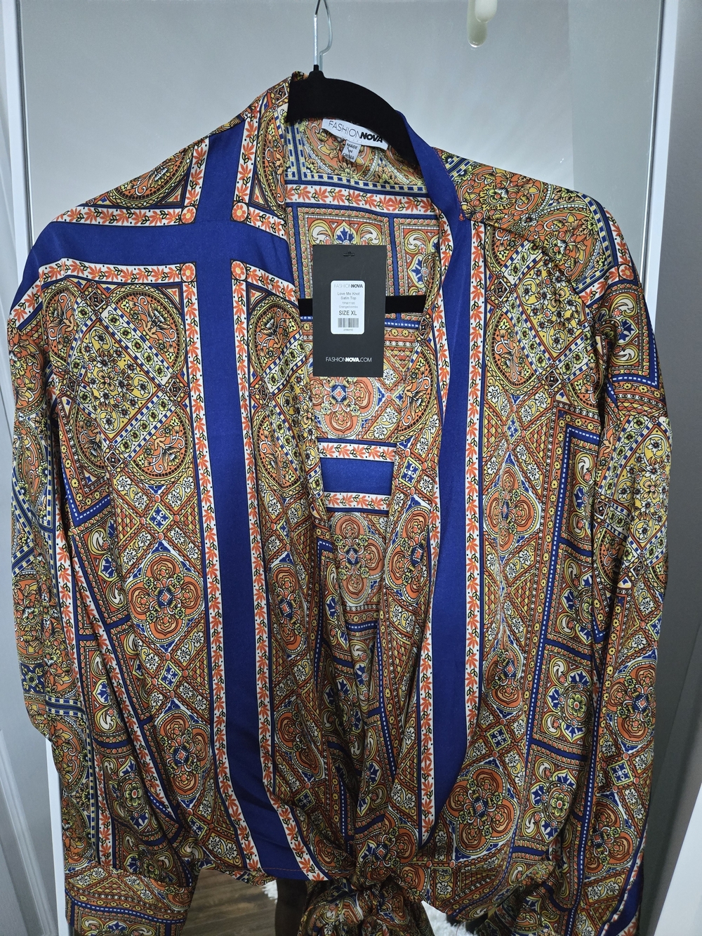 Fashion Nova Women's Paisley Open-Front Blouse in Blue and Orange